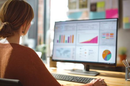 A woman sits at a desk in a bright office, focused on a large computer screen displaying various colorful charts and graphs. Sunlight streams in through the windows, enhancing the workspace.の素材