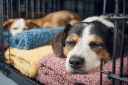 Two dogs rest peacefully in crates at an animal shelter, surrounded by warm blankets. The atmosphere is calm and caring, reflecting a safe environment for these animals.の素材
