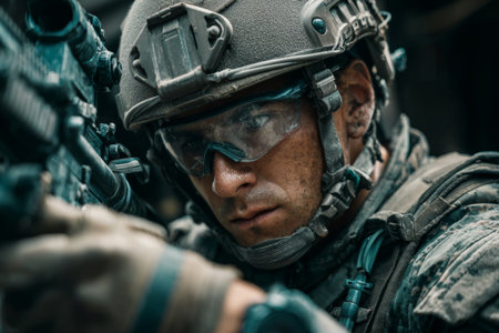 A soldier is focused on aiming his weapon, dressed in tactical gear and goggles. The setting is an urban area during dusk, highlighting the intensity of military operations.の素材