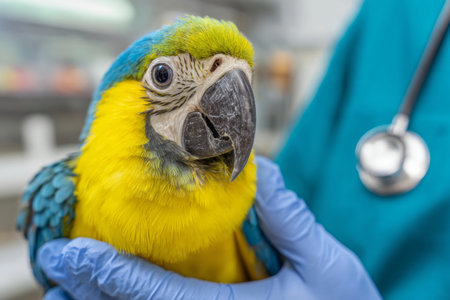 A bright blue and yellow parrot is held by a veterinarian wearing gloves. The setting shows a well-equipped clinic as the bird receives attention for its health needs.の素材