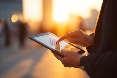 A person stands outdoors, engaging with a tablet. The glowing sunset casts warm light over the scene while city buildings loom in the background.の素材