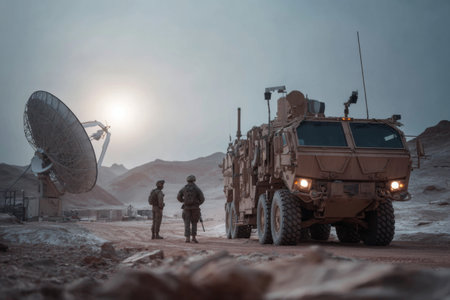 Two soldiers stand near an armored vehicle in a desert setting. A large satellite dish is visible nearby under a fading sun. This scene captures military readiness in challenging terrain.の素材