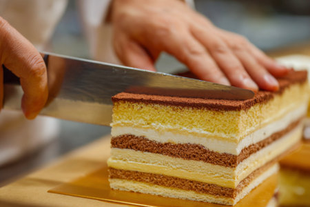 A chefs hand is seen cutting a beautifully layered cake in a professional kitchen. The cake features distinct layers of sponge and cream, showing baking skills.の素材