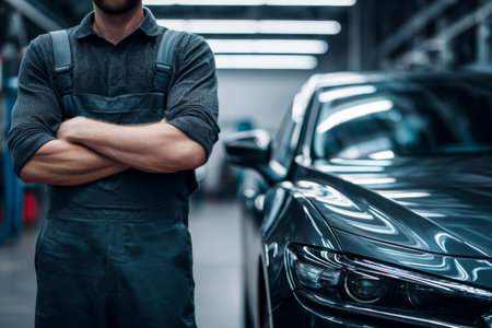 A skilled mechanic stands with arms crossed beside a sleek black car in a well-lit garage. The setting is modern, showcasing a clean and organized workspace with tools visible.の素材