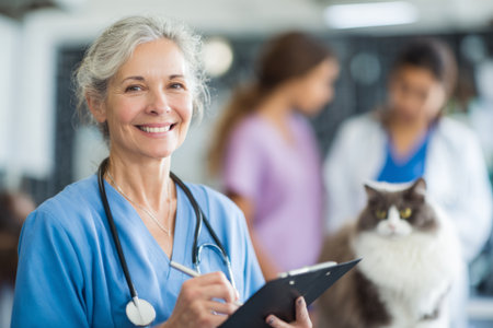 A friendly veterinarian smiles while taking notes on a clipboard, with a fluffy cat nearby and two staff members in the background assisting at a busy animal clinic.の素材