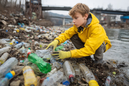 A young boy in a bright yellow raincoat is carefully picking up plastic bottles along a riverbank filled with trash. The scene showcases his dedication to cleaning the environment.の素材