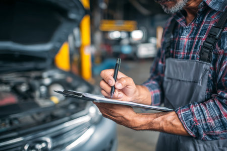 A skilled mechanic examines a cars engine in a well-lit garage, taking notes on a clipboard. He is focused on ensuring everything is in order while performing vehicle maintenance.の素材