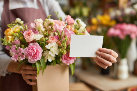 A woman in an apron is delivering a beautiful bouquet filled with pink and white flowers. She holds a blank card ready for a personalized message in a flower shop.の素材