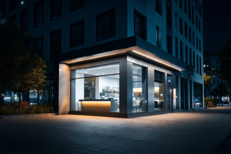 A contemporary building stands illuminated at night, showcasing large glass windows and a minimalist style. Soft lighting highlights the structure in a bustling city setting.の素材