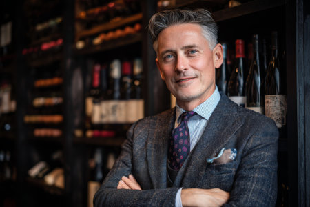 A well-dressed man stands with his arms crossed, smiling in a sophisticated restaurant. The background features an impressive collection of wine bottles, creating an elegant atmosphere.の素材