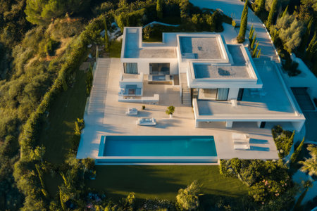 A stunning modern villa features a large swimming pool surrounded by lush gardens. The elegant design and open space create a peaceful atmosphere ideal for relaxation.の素材