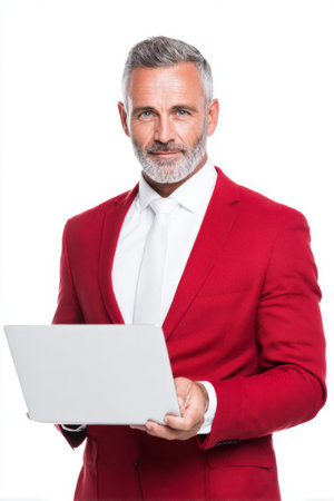 A businessman wearing a red suit and white tie stands confidently while holding a laptop. His well-groomed appearance suggests professionalism and success.の素材