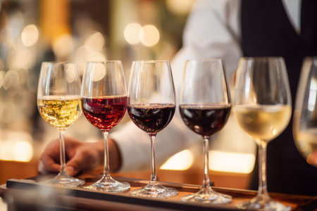 A server holds a wooden tray with five elegant wine glasses, showing white, ros, and red wines. The lively bar atmosphere glows softly with ambient lighting.の素材