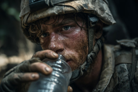 A soldier takes a moment to hydrate while engaged in a mission amidst a thick forest. Sweat and dirt mark his face, highlighting the physical demands of his duty.の素材