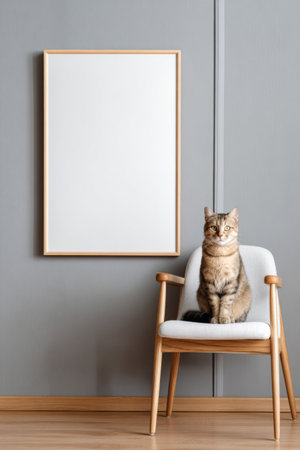 A tabby cat sits upright on a stylish chair beside a blank picture frame in a contemporary room. The soft lighting highlights the cats fur and the minimalistic design of the space.の素材