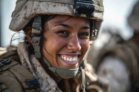 A soldier with a bright smile wears military gear while participating in training exercises in a desert setting. The warm sun highlights her determination and spirit.の素材