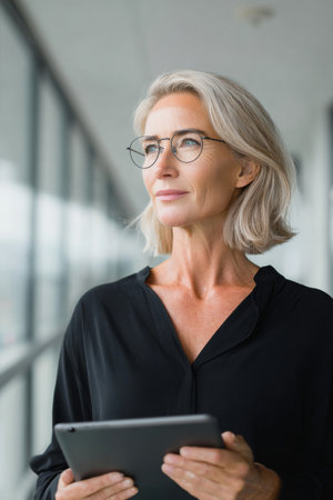 A confident woman with gray hair and glasses stands in a bright office. She holds a tablet and gazes thoughtfully out the window, reflecting on her work.の素材