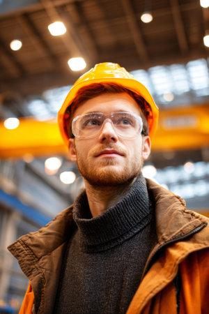A young male worker wearing a protective helmet and glasses surveys his surroundings at a manufacturing facility. He appears focused and attentive to his work environment.の素材