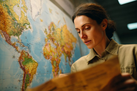 A woman is focused on a large world map, carefully examining its details. She holds a paper map and appears to be planning a journey. The setting is bright and calm.の素材