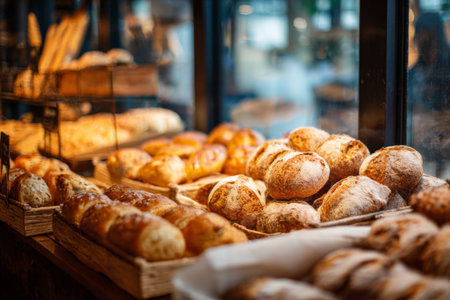 Rows of fresh bread are arranged beautifully at a bakery. Warm rolls and crusty loaves await customers in this inviting setting on a sunny morning.の素材