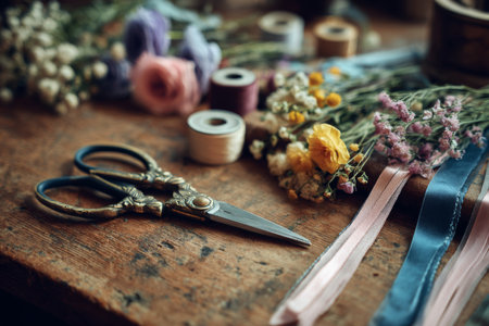 Bright ribbons and dried flowers are laid out on a rustic wooden table. A pair of antique scissors rests beside them, ready for crafting floral arrangements.の素材