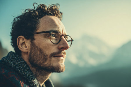 A man with curly hair and glasses stands outdoors, admiring the scenic mountain view at dawn. The calm atmosphere invites deep reflection and peace in this natural setting.の素材