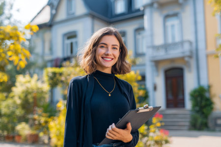 A young woman stands confidently with a clipboard, smiling in front of a charming house surrounded by greenery on a sunny day. She looks ready for work or a social event.の素材