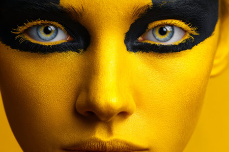 A person with bright yellow face paint and dramatic black accents showcases vivid blue eyes. The striking makeup emphasizes creativity and artistic expression in an artistic setting.の素材