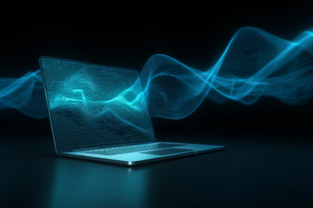 A laptop is open on a dark surface with glowing blue waves emanating from the screen, symbolizing the connection between technology and creativity. The scene highlights modern digital design.の素材