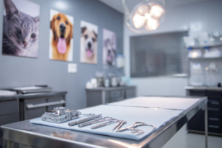 A clean veterinary clinic examination room is set up with medical instruments neatly arranged on a table. Animal portraits decorate the wall, creating a friendly atmosphere for pet care.の素材