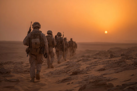 A group of soldiers marches through a sandy desert as the sun sets in the background. Their determination is evident as they navigate the harsh terrain, symbolizing resilience.の素材