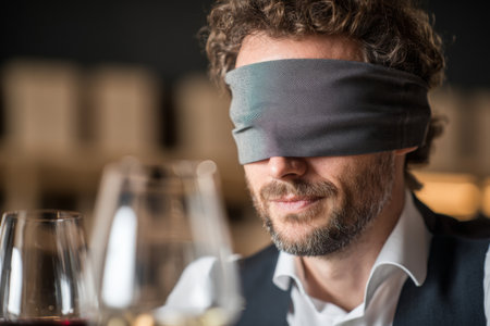 A man wearing a blindfold enjoys a unique tasting event in an elegant dining room, focused on the flavors presented by the sommelier. Glasses of wine are nearby.の素材