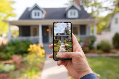 A person takes a picture of a beautiful house using a smartphone. The garden is vibrant with flowers and greenery, showcasing the bright and sunny weather.の素材