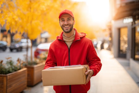 A delivery person wearing a red jacket and cap stands on a sunny street. He holds a package and smiles amid bright yellow trees and buildings, showcasing a cheerful autumn day.の素材
