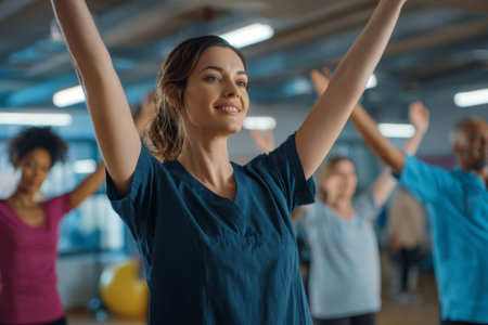 A group of people participates in an energetic workout session in a bright gym. They follow an instructor who guides them through the class, promoting fitness and wellness.の素材
