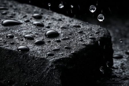 Water droplets fall softly on a textured dark stone, creating a serene atmosphere. The faint reflection and shimmer capture the essence of a peaceful moment during twilight.の素材