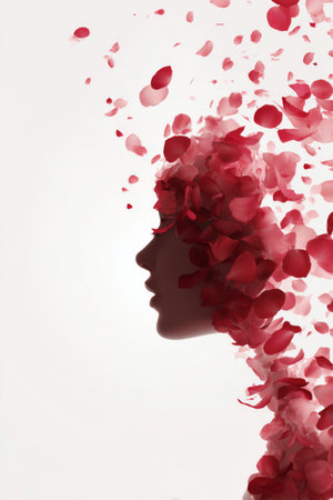 This artwork features a womans silhouette filled with vibrant red flower petals. The petals appear to flow from her head, creating a poetic and dreamy effect.の素材