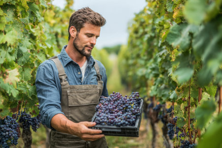 A man in overalls carefully holds a crate full of freshly picked grapes. Surrounding him are rows of vibrant grapevines, showcasing a bountiful harvest season.の素材