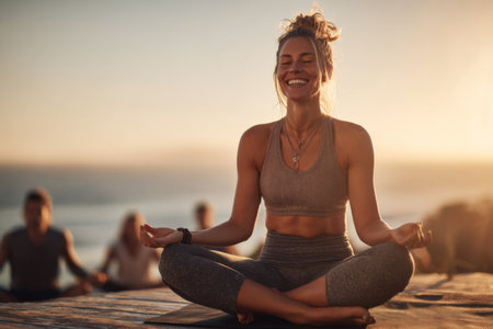 A group of individuals practices yoga at sunrise near the ocean. Women and men are seated in meditation poses, finding peace and mindfulness as the sun rises, creating a serene atmosphere.の素材