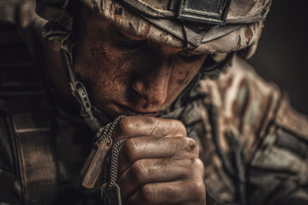 A soldier kneels in a war zone, deep in thought as he holds his dog tags close. His face is dirty from the environment, showing the intensity of his feelings and dedication.の素材