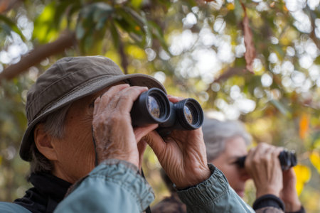 Group of nature enthusiasts uses binoculars to watch birds in a lush green forest under warm sunlight. They enjoy the thrill of birdwatching together.の素材