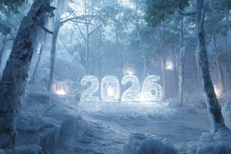 A serene winter landscape features the year 2026 carved from ice, surrounded by trees covered in snow. Soft light enhances the magical atmosphere of the snowy forest.の素材