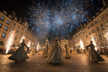 Dancers wearing elegant gowns perform gracefully in a lively square as colorful fireworks light up the night sky, creating a joyful atmosphere for the audience gathered below.の素材