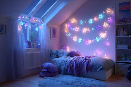 Soft lighting fills a cozy bedroom with star-shaped decorations. A plush bed invites relaxation, surrounded by cushions and a warm atmosphere that feels peaceful and inviting.の素材