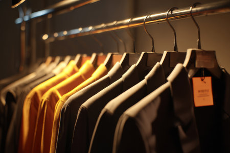 A collection of stylish jackets hangs neatly on a rack in a fashion store, showing vibrant colors like yellow and gray in the warm evening light.の素材