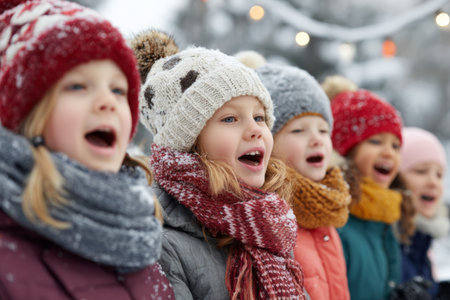 Group of cheerful children wearing warm hats and scarves are singing festive songs in a snowy location. Their expressions show happiness and excitement in the winter atmosphere.の素材