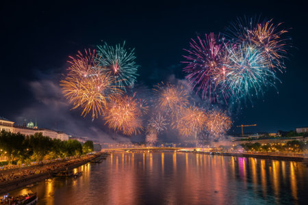 Bright fireworks explode above the river, reflecting colorful lights on the water. People gather along the banks to enjoy the stunning display during the festive evening.の素材