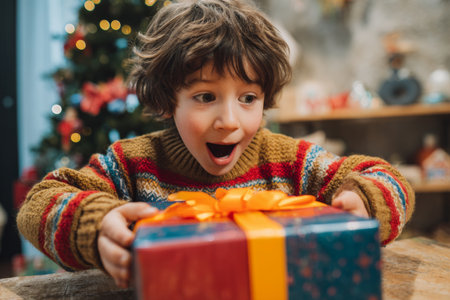 A child with curly hair joyfully opens a beautifully wrapped gift adorned with a bright ribbon. The cozy setting is decorated for the holiday season, filled with festive cheer.の素材