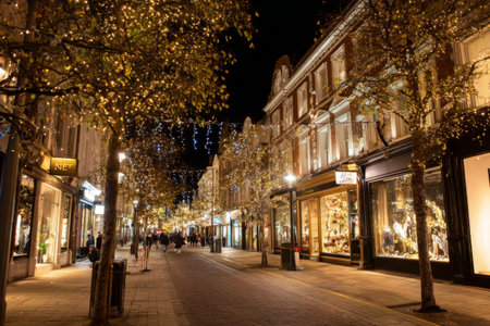 People enjoy an evening walk down a lively shopping street adorned with glowing lights and festive decorations. The atmosphere is warm and inviting as shoppers browse store windows.の素材