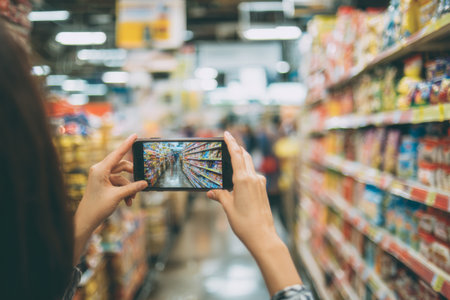 A person holds a smartphone in a grocery store, capturing the colorful aisles filled with various products. Shoppers move in the background, creating a lively atmosphere.の素材